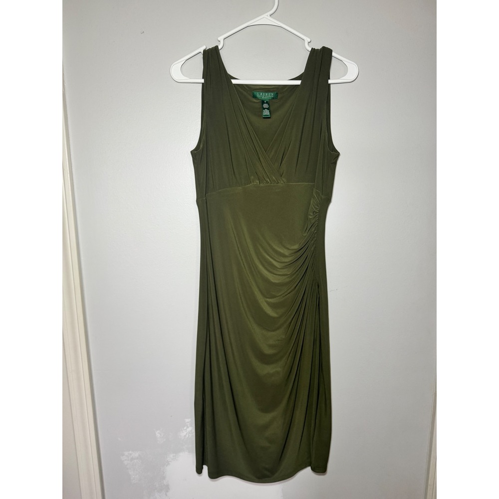 Lauren Ralph Lauren Olive Green Ruched V-Neck Sleeveless Sheath Dress Womens 6